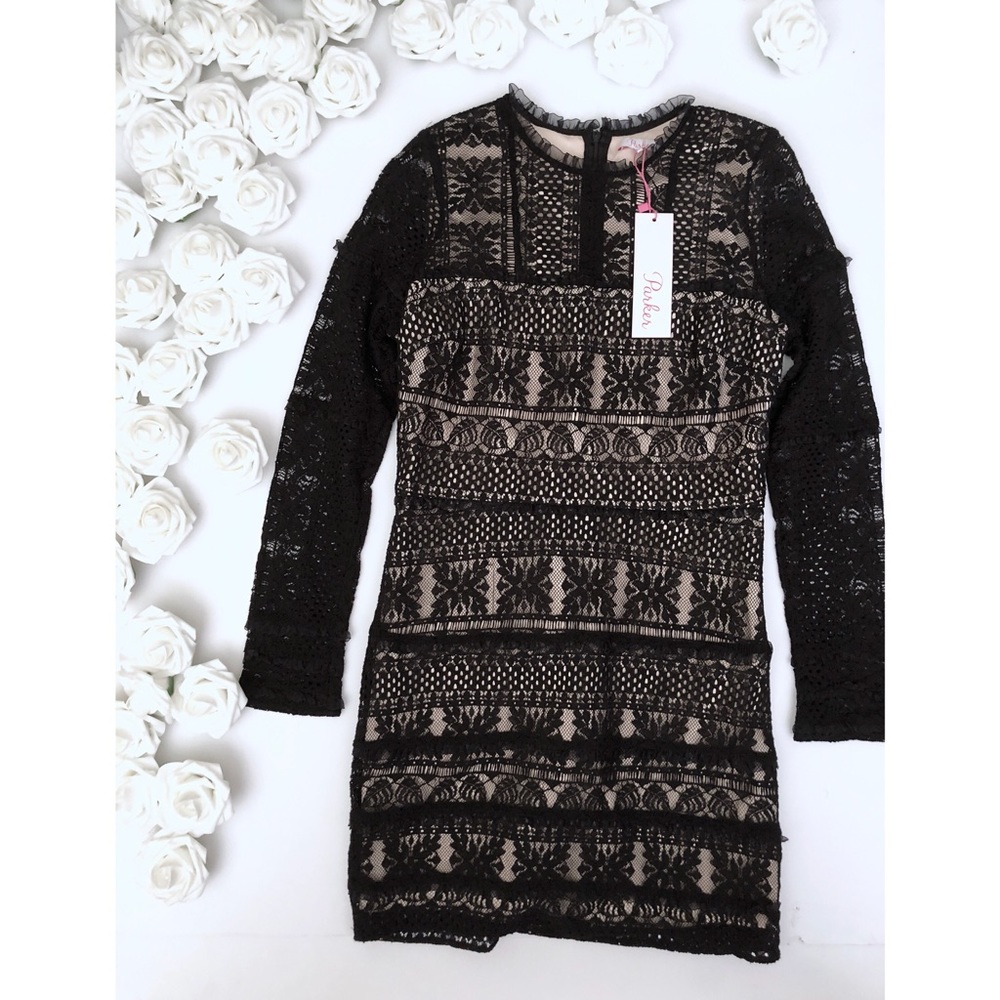 Parker Black Lace and Nude Ruffle Contrast Dress - Picture 2 of 8